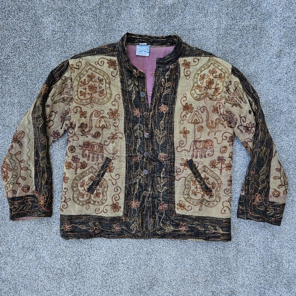 Vintage Eden Rising Kantha Jacket Embroidered Indian Elephant Artsy Coat Size XL